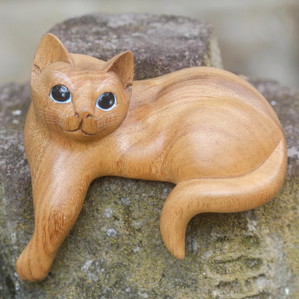 Novica Watchful Ginger Cat Hand Carved Figurine Wayfair